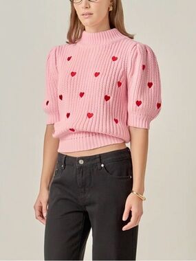 NWT English Factory Short Sleeve Sweater Top with Embroidered Hearts